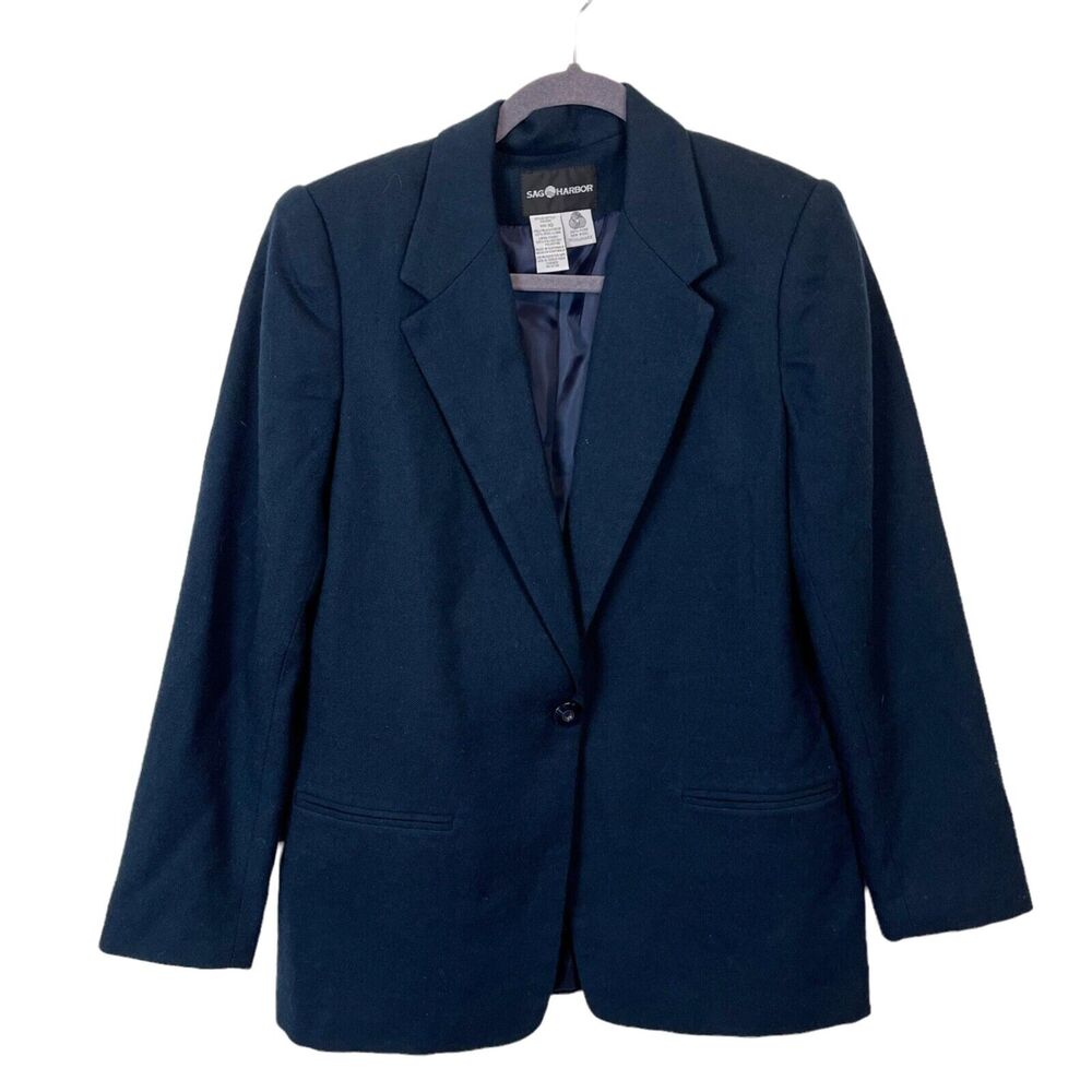 Wool Blazer Jacket Size 10 Vintage Sag Harbor Women's Classic Navy One Button
